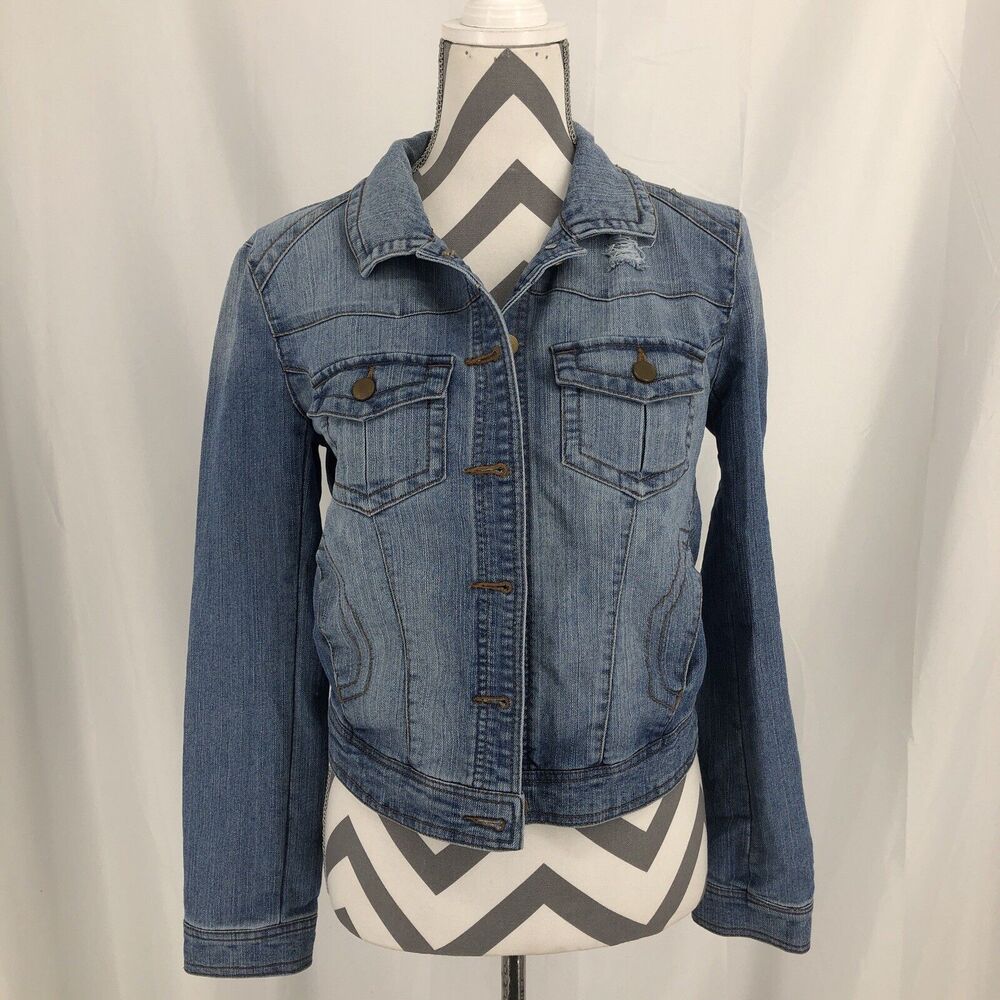 Tinseltown Junior's Distressed Cropped Jean Jacket Size Small S